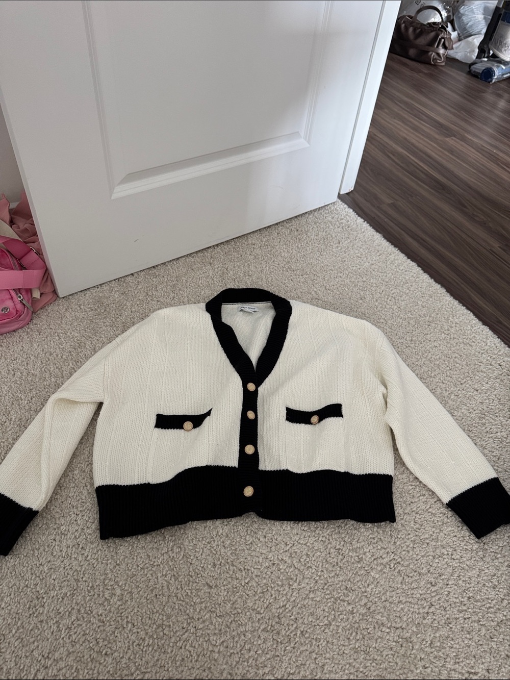 Cream Cardigan with Black Contrast Trim